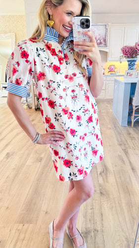 Coral Flower Print Polo Ruffle Neck Dress