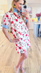 Coral Flower Print Polo Ruffle Neck Dress