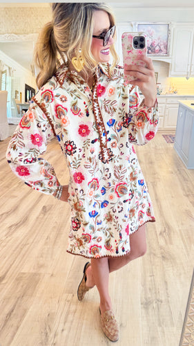 Cream Multi Print Long Sleeve Dress
