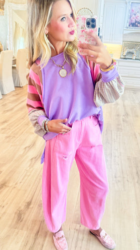 Purple and Pink Contrast Sleeve Top