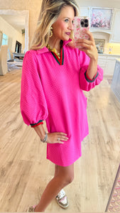 Hot Pink Quilted 3/4 Sleeve Dress