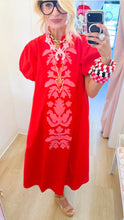 Red Applique Puff Sleeve Midi Dress