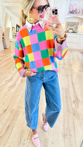 Pink Multi Color Checkered Sweater