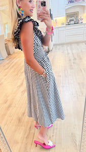 Black Gingham Midi Ruffle Dress