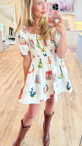 Western Printed Puff Sleeve Dress