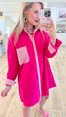 Pink Stripe Contrast Button Up Mini Dress