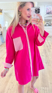 Pink Stripe Contrast Button Up Mini Dress
