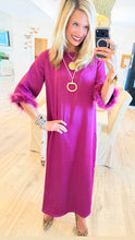 Plum Satin Feather Trim Midi Dress