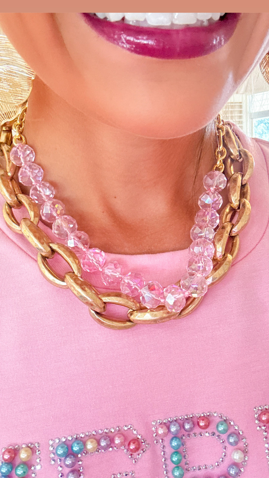 Gold and Pink Crystal Necklace