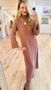 Mocha Mock Neck Knit Midi Dress