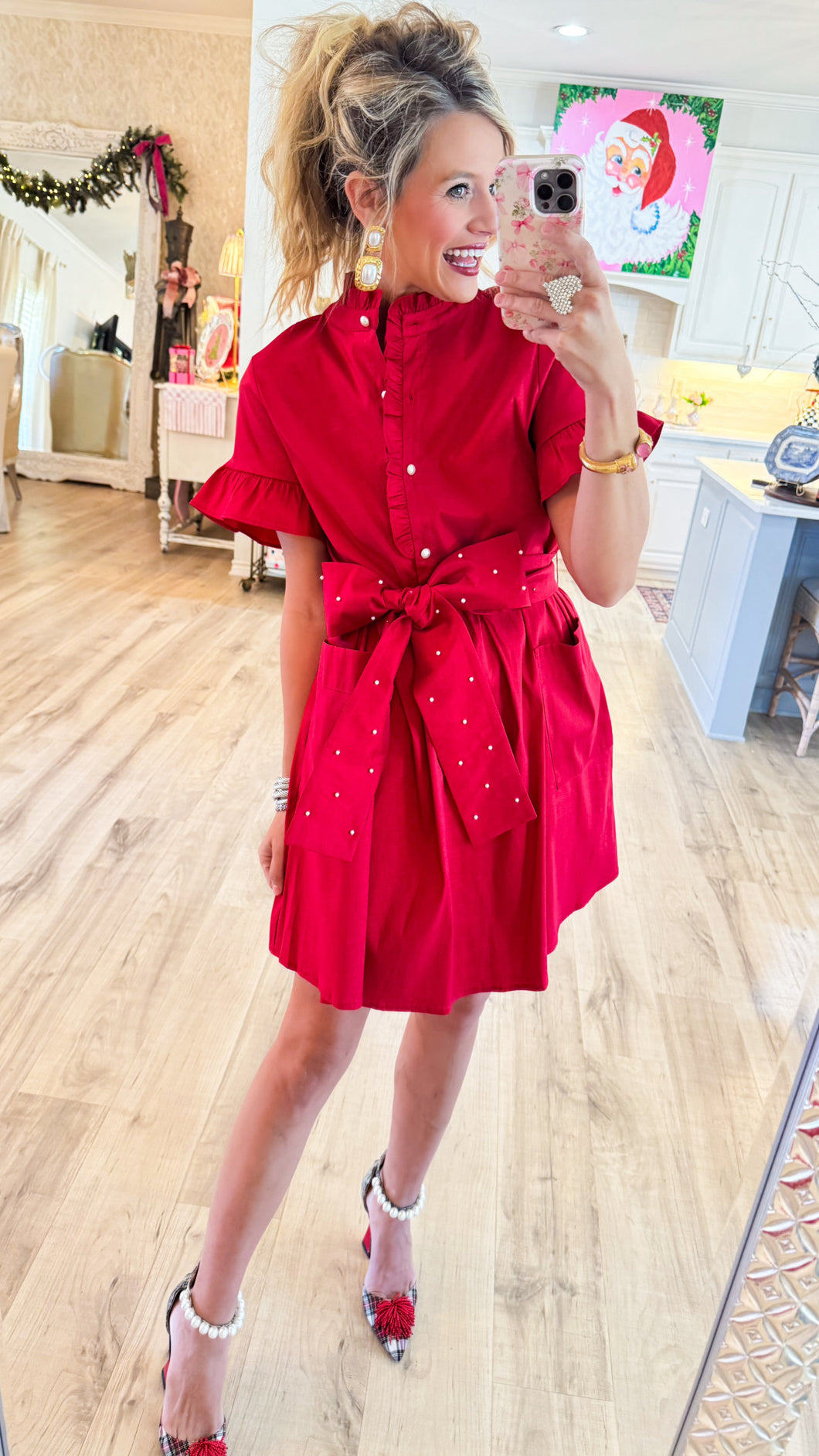 Red Pearl Button Up Mini Dress