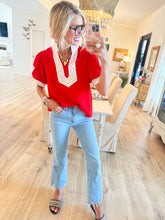 Red Polka Dot Contrast Puff Sleeve Top