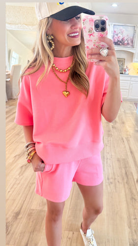 Pink Ribbed Short Sleeve Short Set