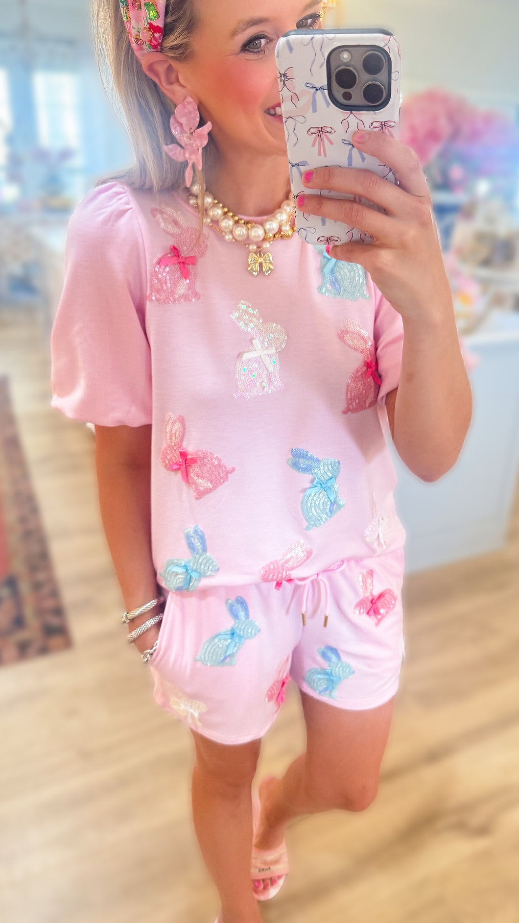Pink Sequin Bunny Short Set
