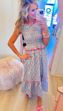 Blue Floral Peplum Tiered Midi Dress
