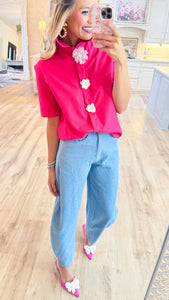 Fuchsia Pearl Flower Button Short Sleeve Top