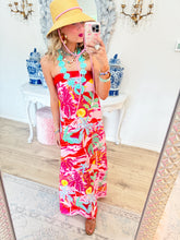 Pink Multi Tropical Print Strapless Maxi Dress