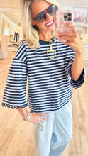 Navy Stripe Lace Accent Trim Top