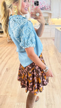 THML Denim Floral Applique Puff Sleeve Top
