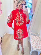 Red and Taupe Accent Embroidered Mini Dress