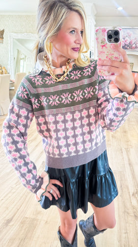 Olive Ruffled Mock Neck Sweater
