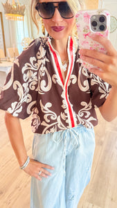 THML Brown Puff Sleeve Print Detail Top