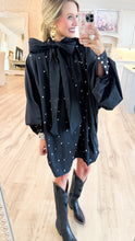 Black Pearl Embellished Balloon Sleeve Mini Dress