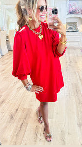 Red Stripe Accent Puff Sleeve Dress