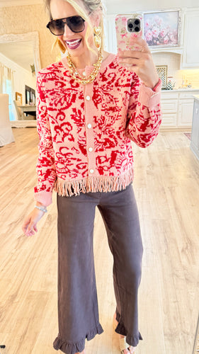 Coral Red Floral Fringed Sweater Cardigan