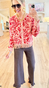 Coral Red Floral Fringed Sweater Cardigan