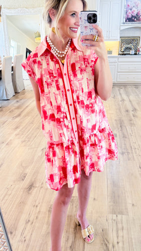 Red and Pink Abstract Button Up Dress