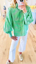 Cali Green Striped Ballon Sleeve Top