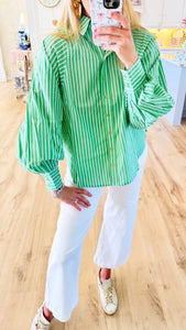 Cali Green Striped Ballon Sleeve Top