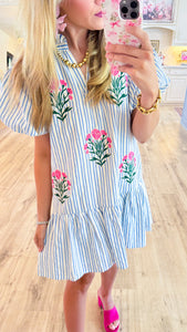 Light Blue Striped Floral Embroidered Dress