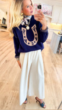 Navy Western Horseshoe Cactus Knit Sweater