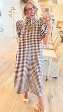 Brown Gingham Ruffle Neck Midi Dress