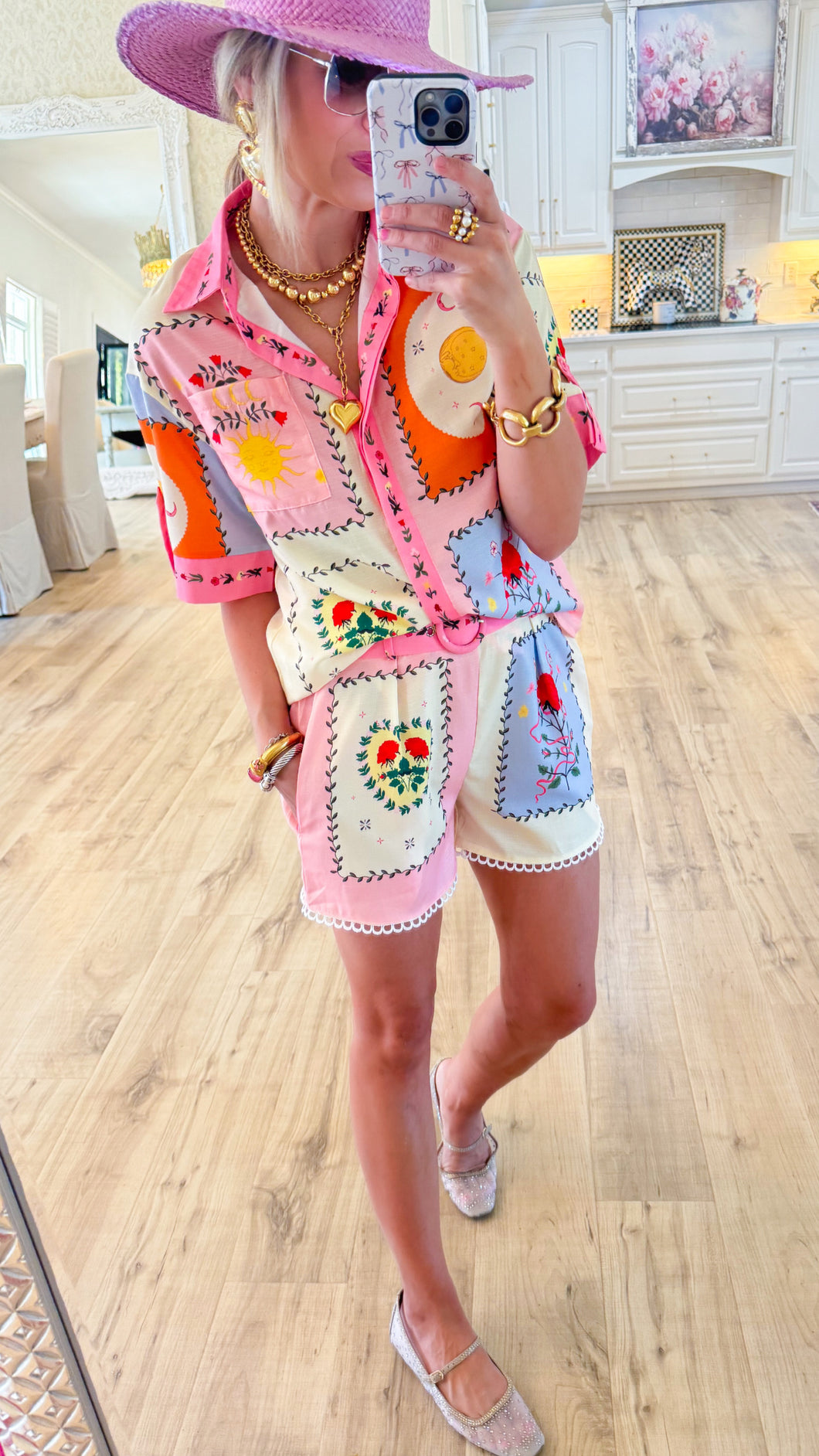 Pink and Yellow Multi Printed Shorts Set
