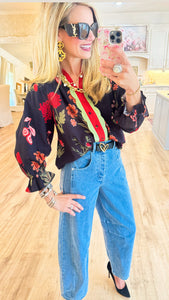 Black Floral Mix Textured Blouse