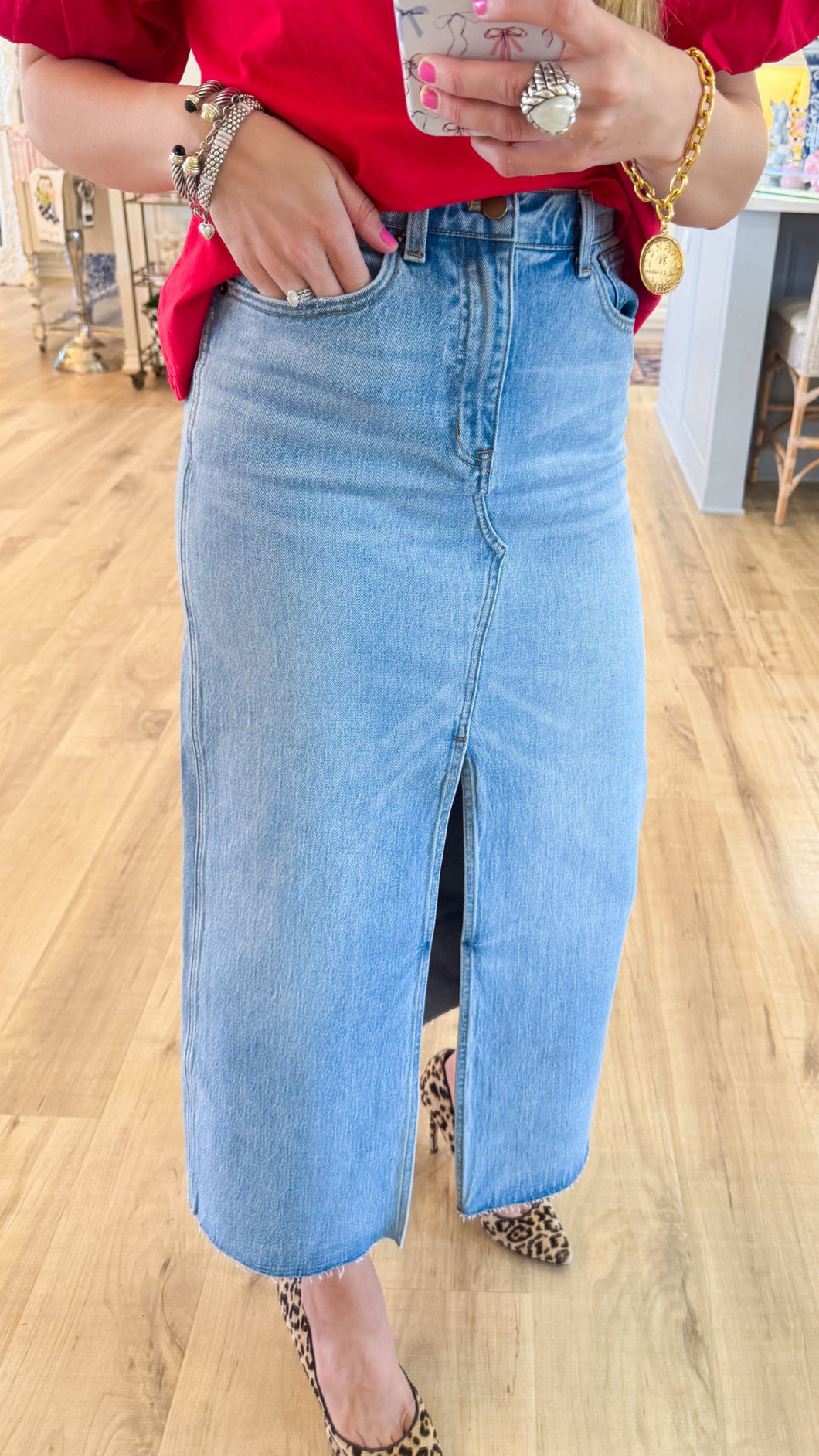 Denim Front Slit Midi Skirt