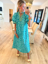 Green Leopard Puff Sleeve Midi Dress