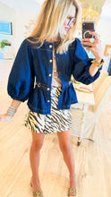 Dark Denim Horse Bit Accent Puff Sleeve Top