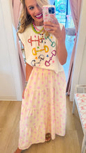 Ecru and Pink Polka Dot Tiered Maxi Skirt