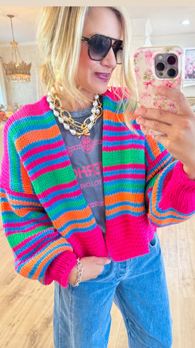Pink Multi Color Stripe Knit Cardigan