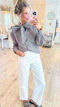 Black Gingham Bow Button Up Top