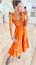 Orange Smocked Contrast Piping Midi Dress