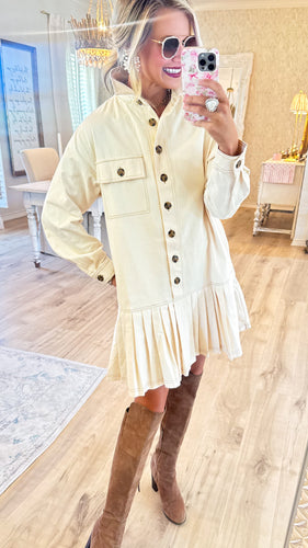 Ecru Long Sleeve Pleated Hem Dress