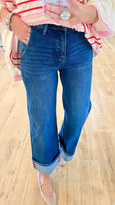 Dark High Rise Wide Cuffed Jeans