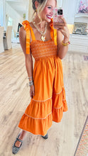 Orange Smocked Contrast Piping Midi Dress