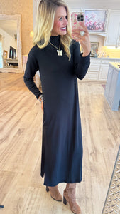 Black Long Sleeve Mock Neck Midi Dress