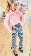 Black Gingham Straight Leg Ruffle Hem Pants